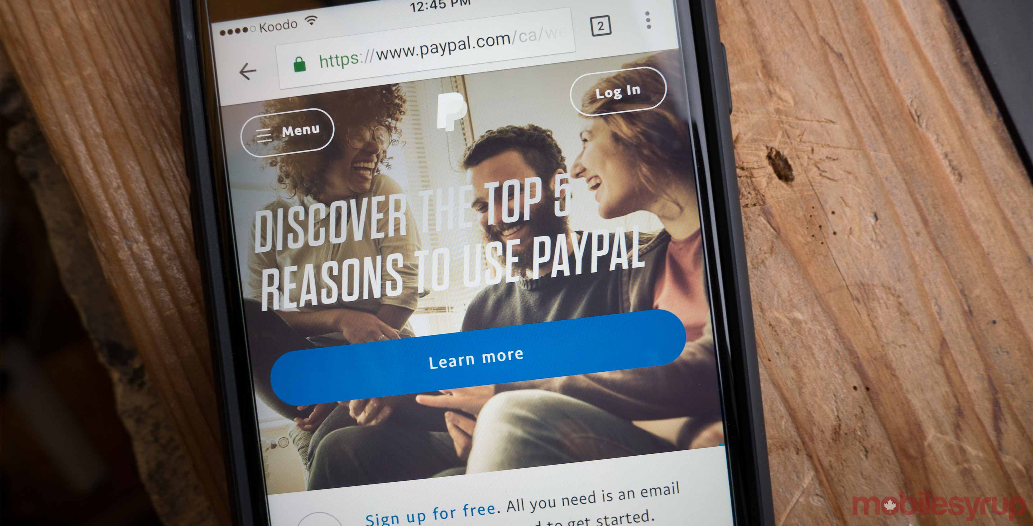 PayPal website on a smartphone