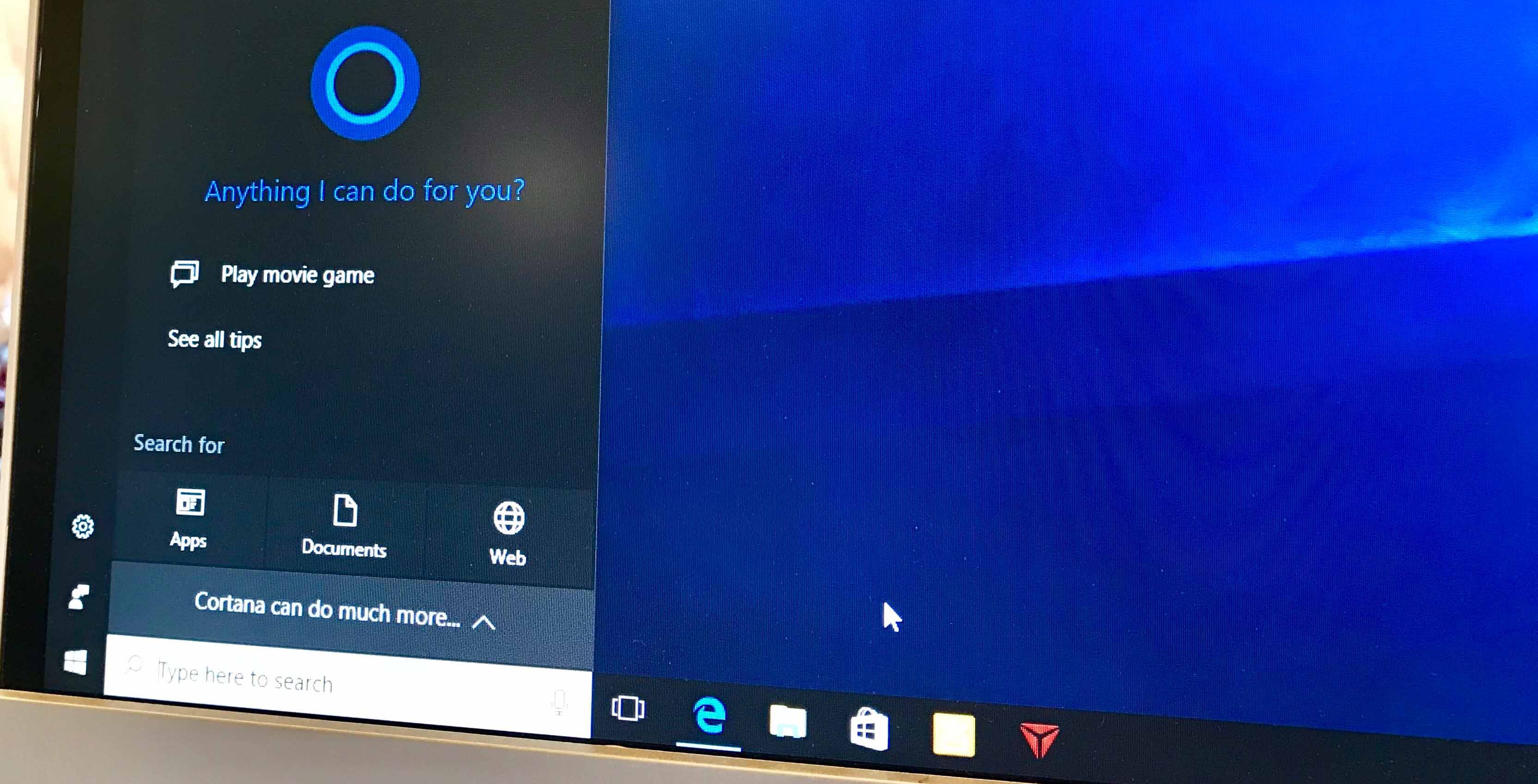 A photo showing the use of the Cortana personal assistant