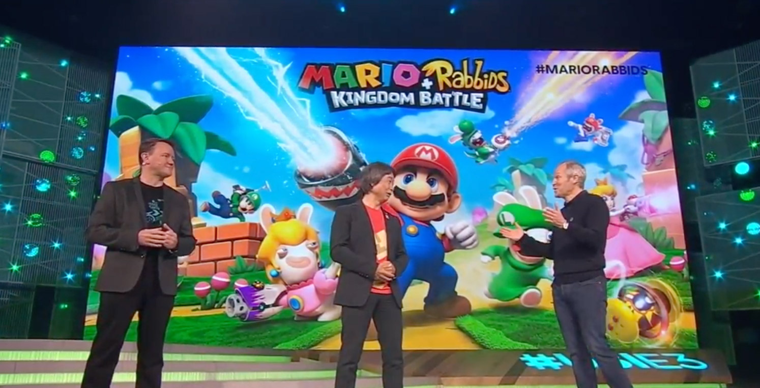 An image featuring Shigeru Miyamoto on-stage at Ubisoft's E3 2017 conference