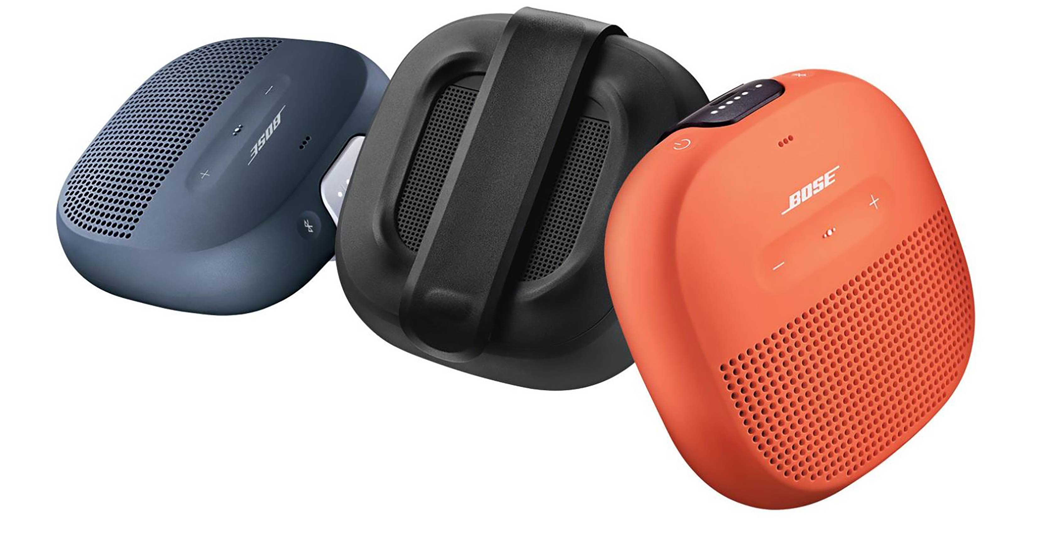 soundlink micro bluetooth speakers in three colours, black, blue and orange