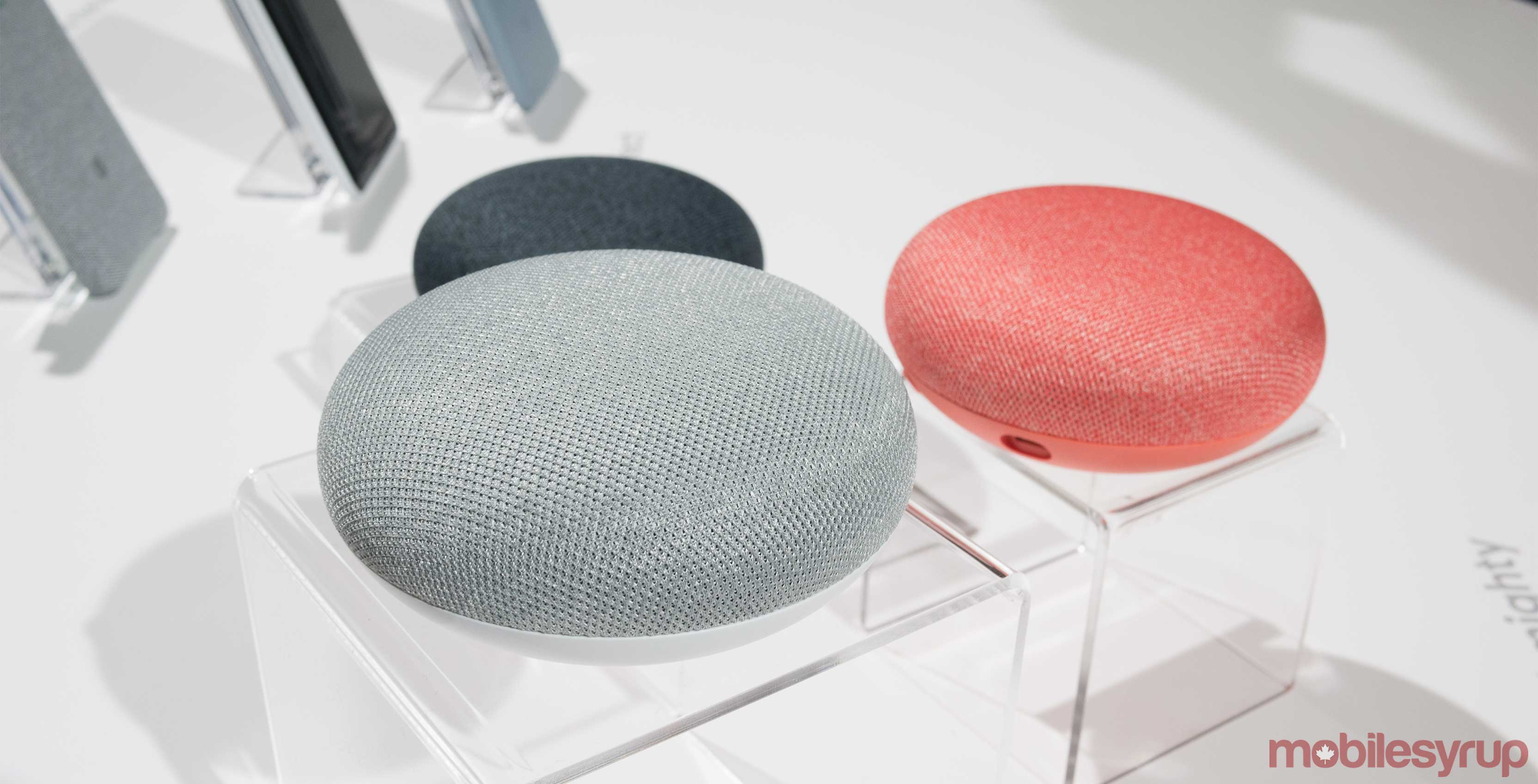 The three different colours of the Google Home Mini