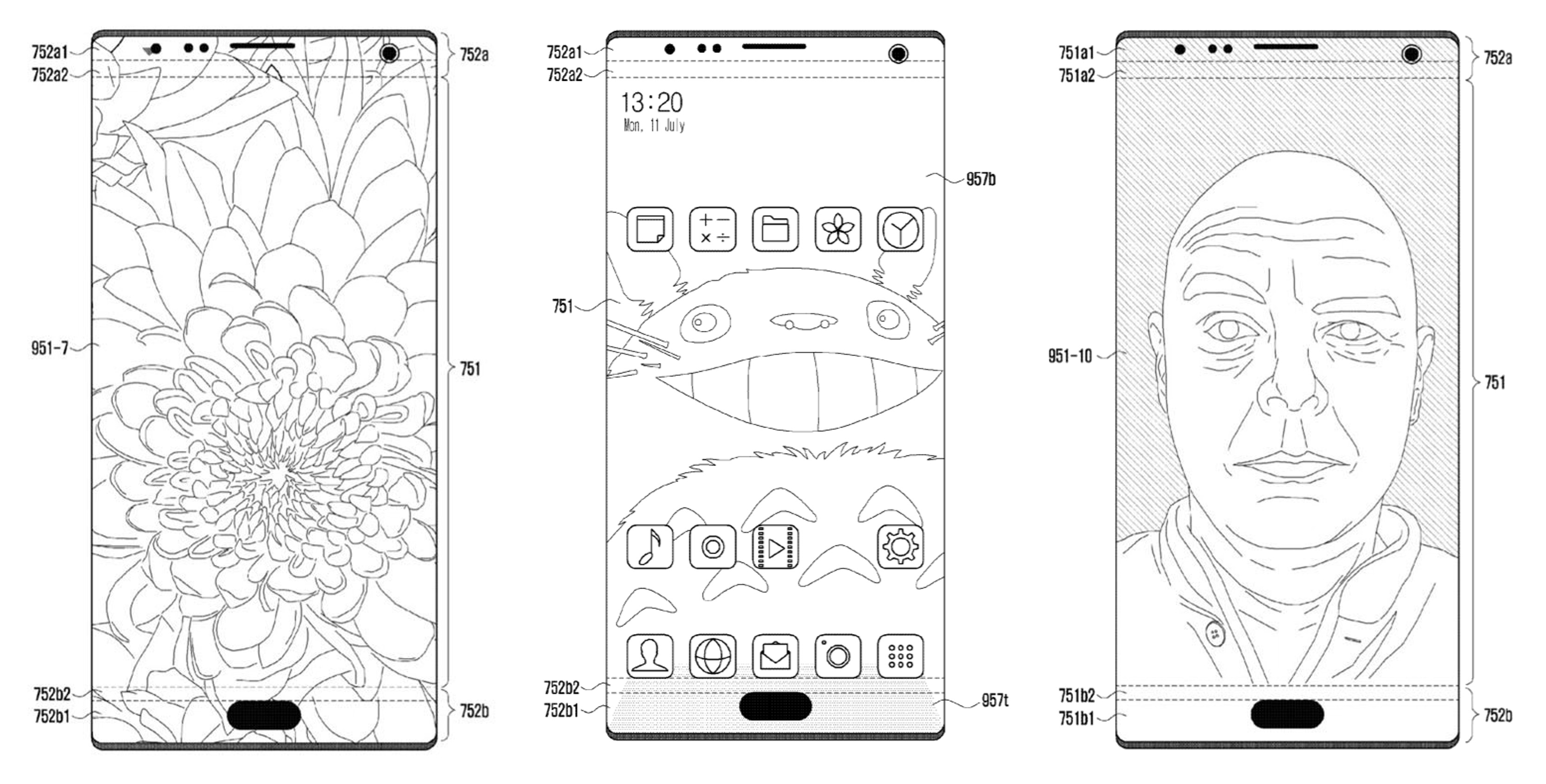 Mock-up images of Samsung's new patented device, displaying a screen with embedded camera, speaker, and sensors.
