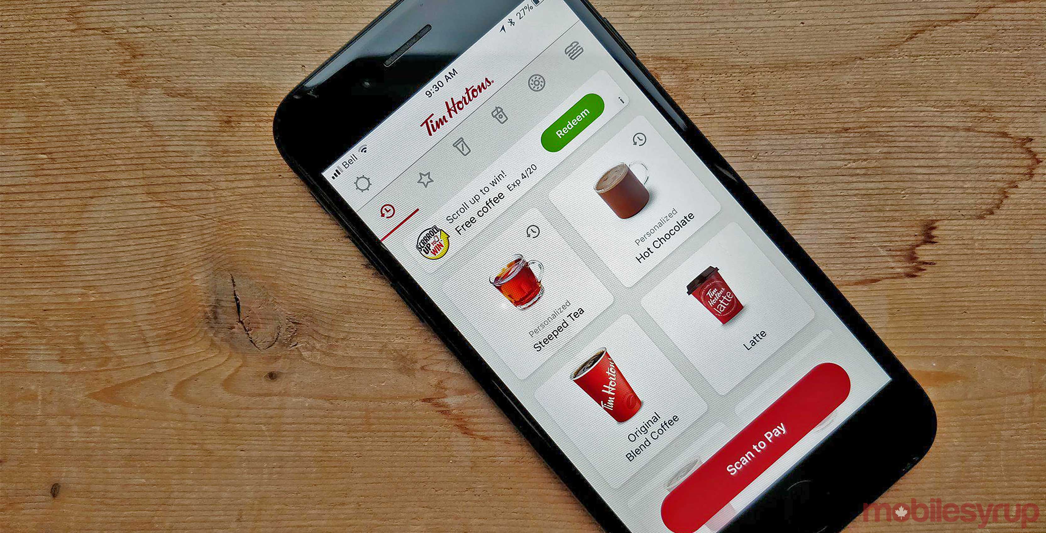 Tim Hortons scroll up to win feature