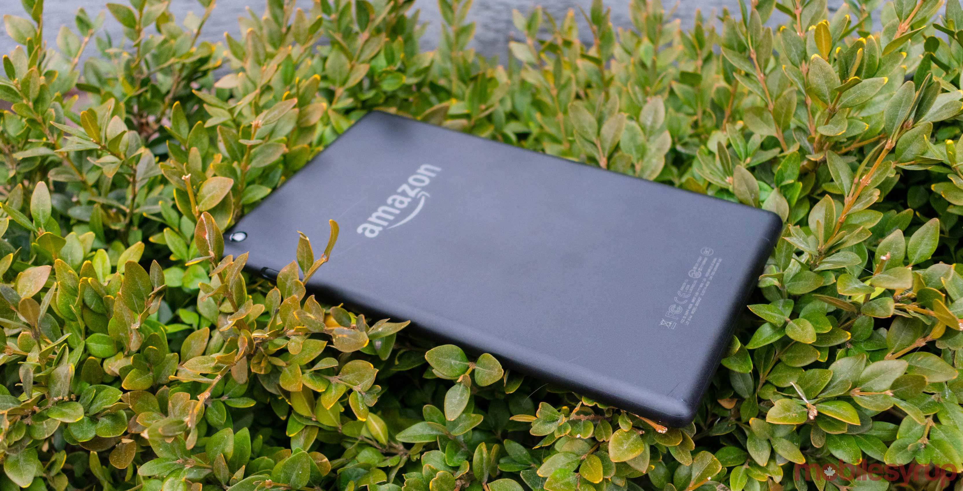 An Amazon tablet placed on a patch of grass.