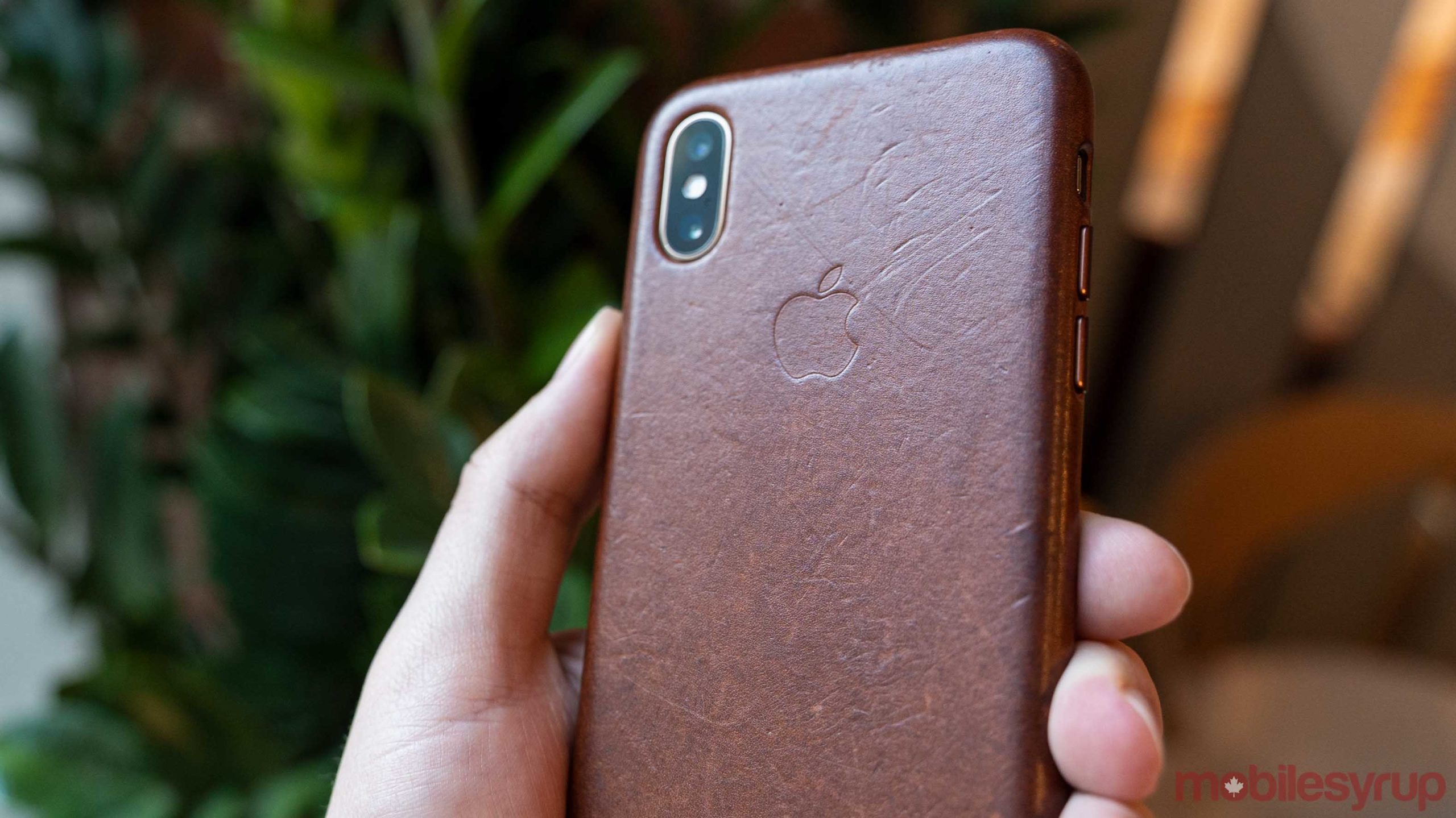 Apple logo on leather case