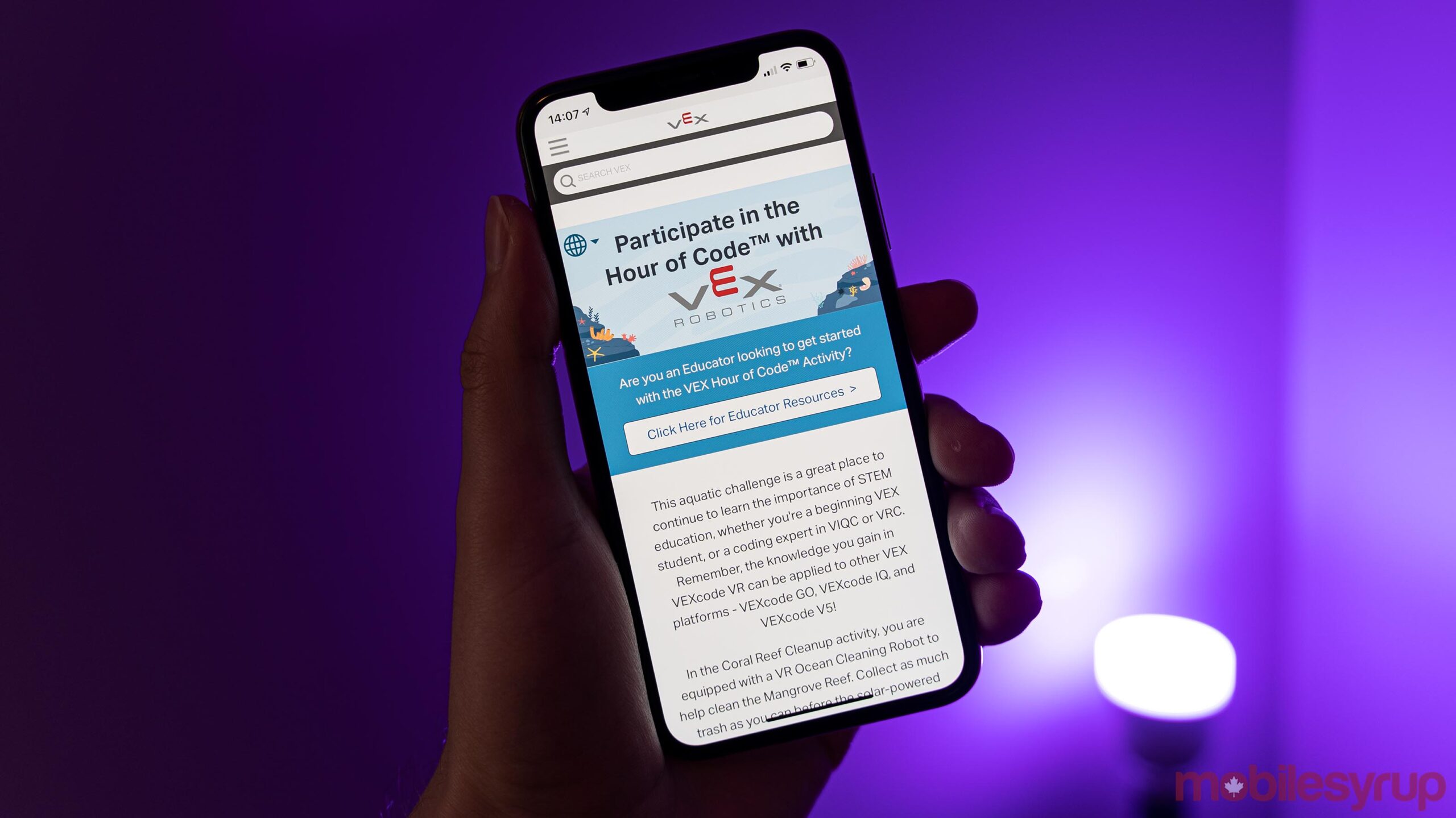 Vex Robotics Hour of Code site on iPhone