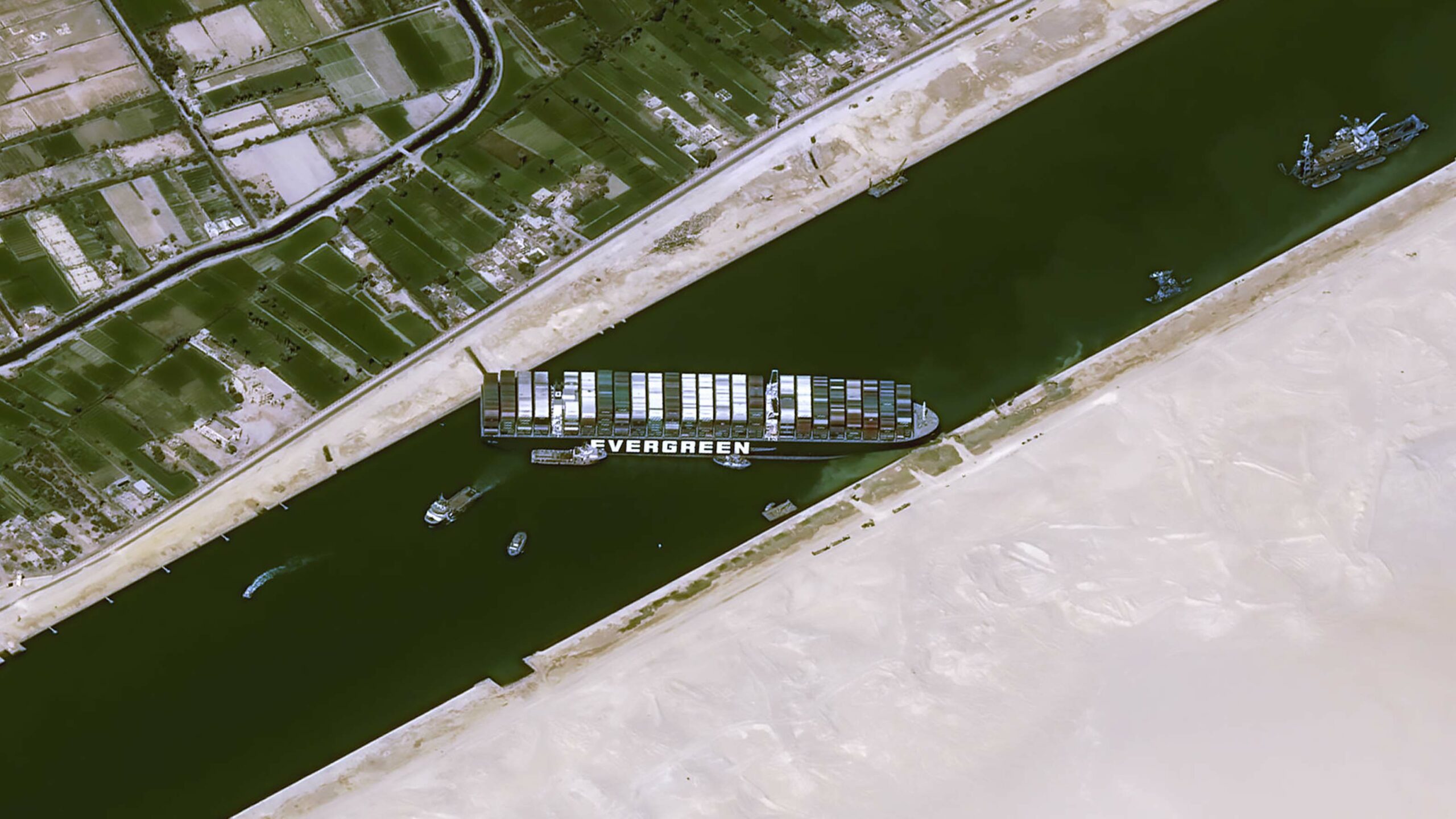 Satellite image of the Ever Given stuck in the Suez Canal