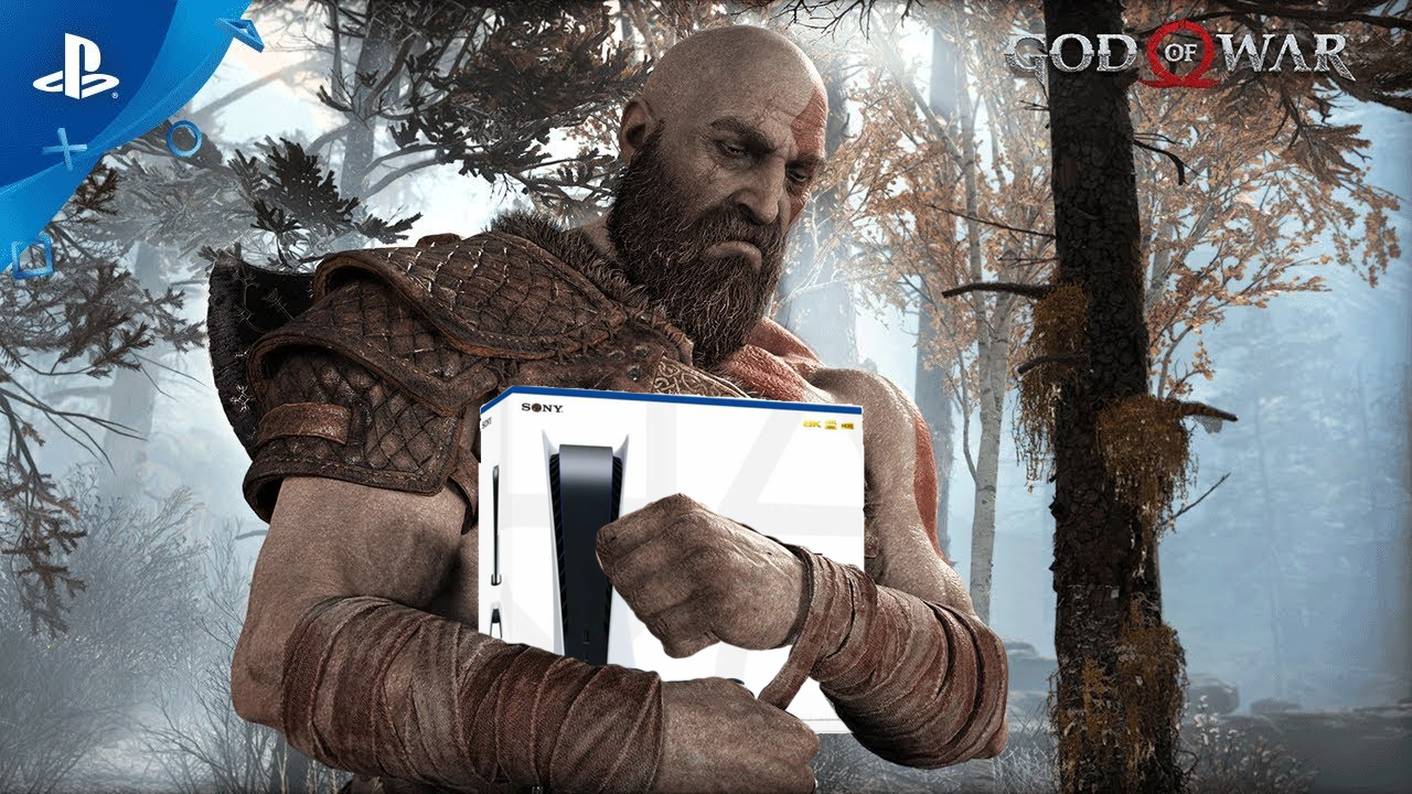 Kratos hugging a PS5