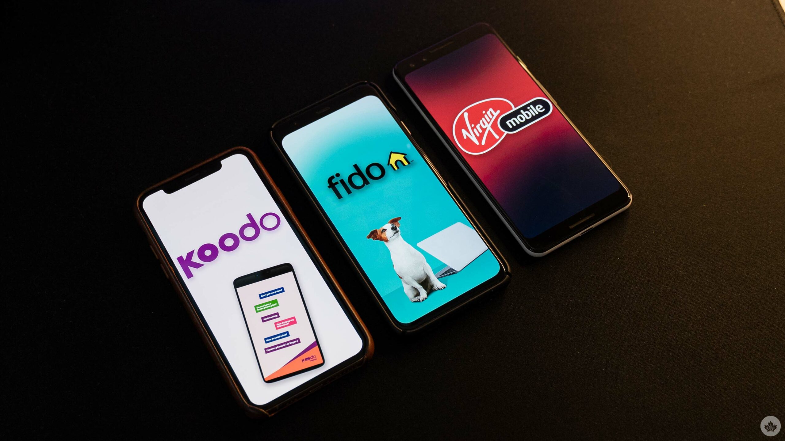 Koodo, Fido, and Virgin Plus logos on smartphones.