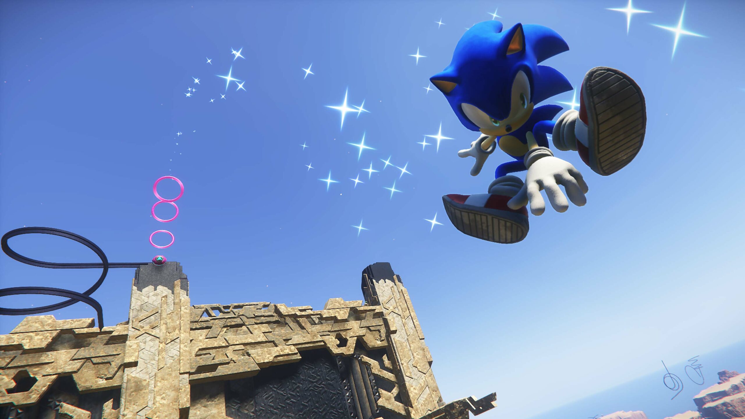 Sonic Frontiers -- Sonic is jumping off a ledge