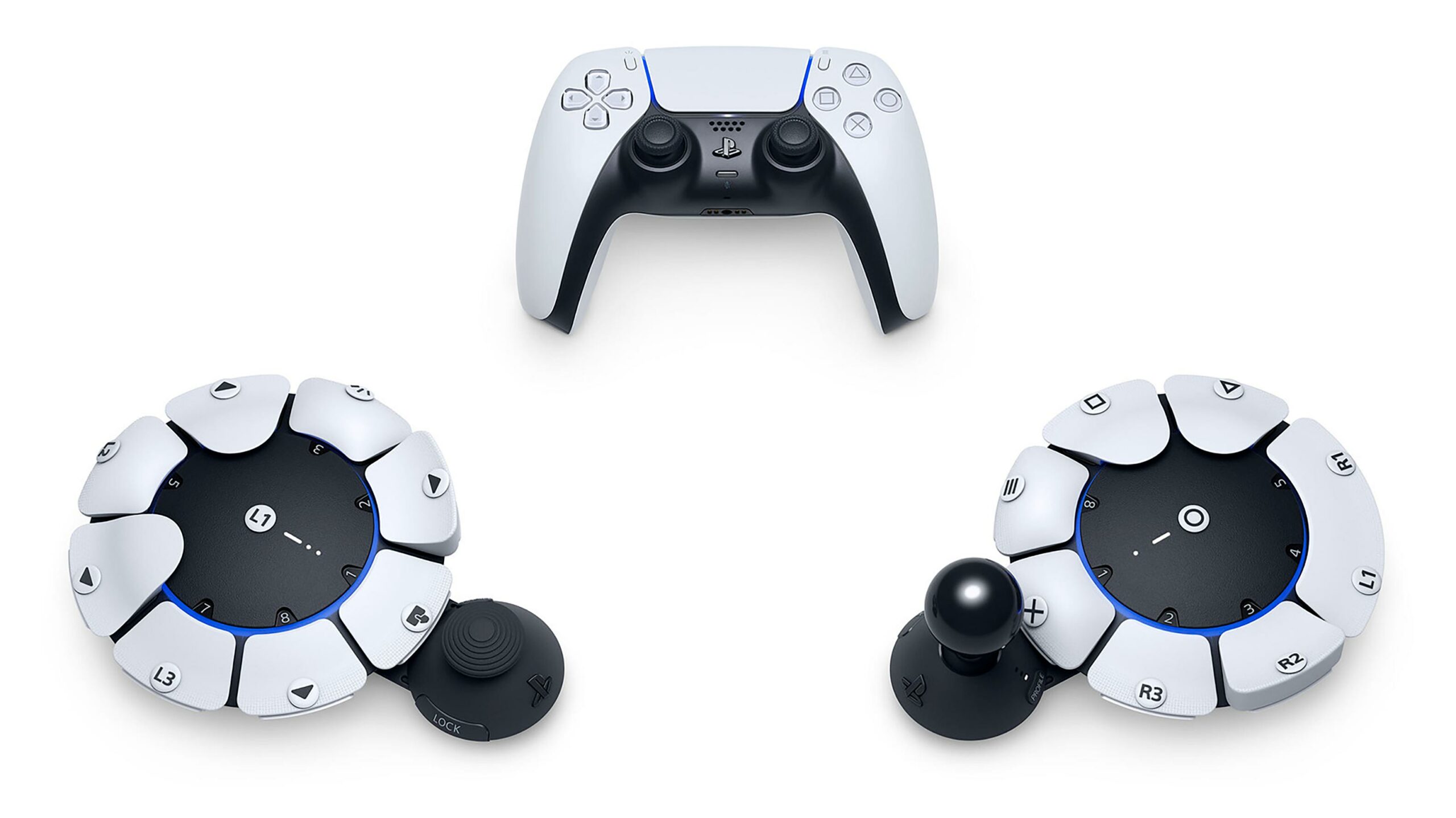 PlayStation's Project Leonardo accessibility controller kit is a spherical, white-and-black device with various buttons on it.